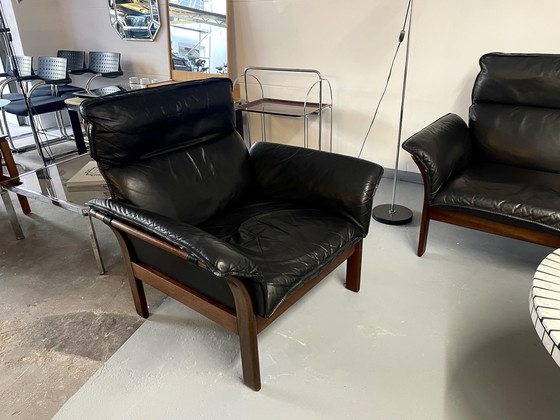 Image 1 of 3-Seater Sofa And Two Armchairs In Leather And Teak Three-Point Scala Vintage 1980s