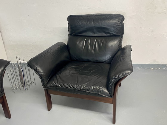 Image 1 of 3-Seater Sofa And Two Armchairs In Leather And Teak Three-Point Scala Vintage 1980s