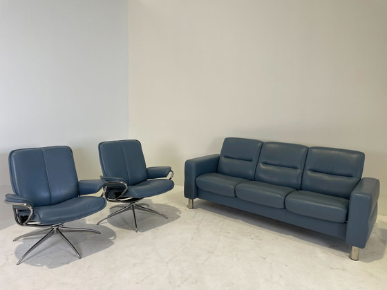 Image 1 of design 3-seater sofa + 2x design armchairs