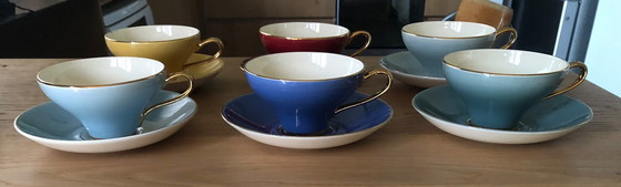 Image 1 of 6x Koninklijke Plateelbakkerij Gouda coffee cups + 4x dessert plates