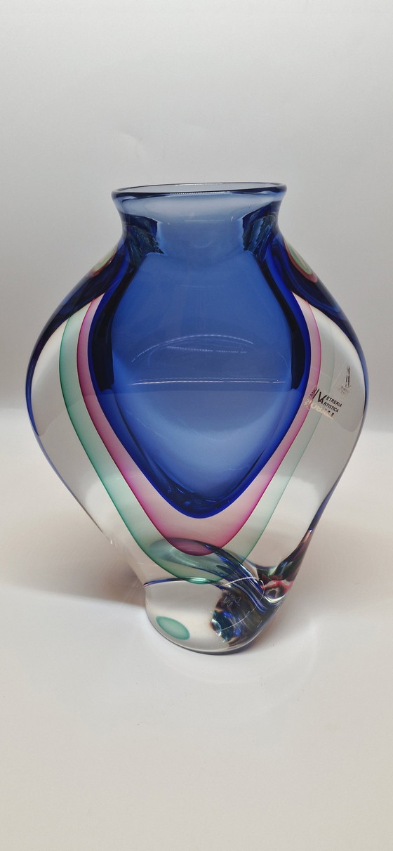 Image 1 of Large Murano Glass Sommerso Vase Signed 