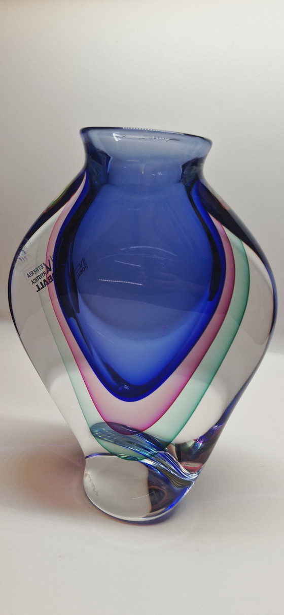 Image 1 of Large Murano Glass Sommerso Vase Signed 