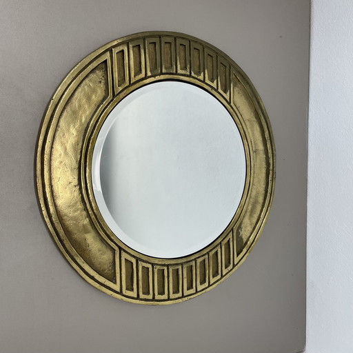 Original Large 46Cm Brutalist 6.9Kg Solid Brass Metal Wall Mirror, Italy 1970S