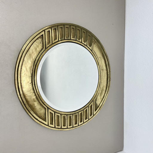 Original Large 46Cm Brutalist 6.9Kg Solid Brass Metal Wall Mirror, Italy 1970S