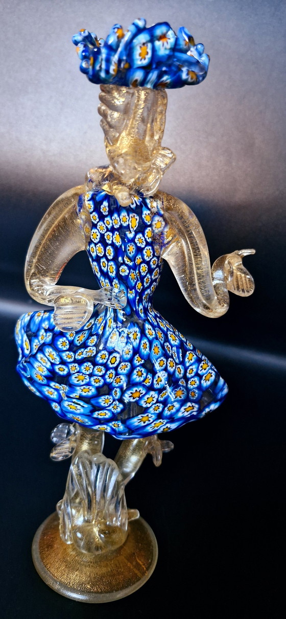 Image 1 of Murano Glass Pair Of Dancers Sculptures Milefiori With Gold Leaves 