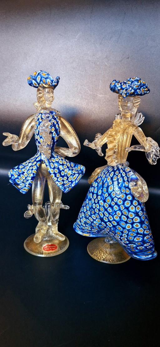 Murano Glass Pair Of Dancers Sculptures Milefiori With Gold Leaves 