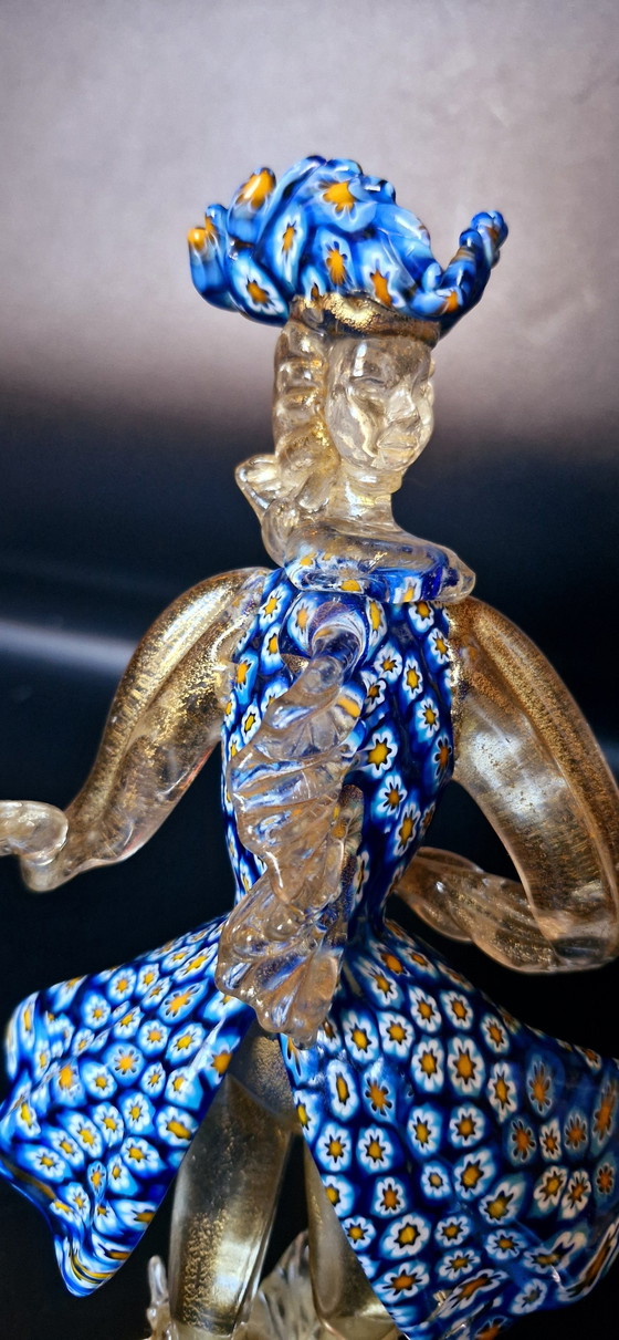 Image 1 of Murano Glass Pair Of Dancers Sculptures Milefiori With Gold Leaves 