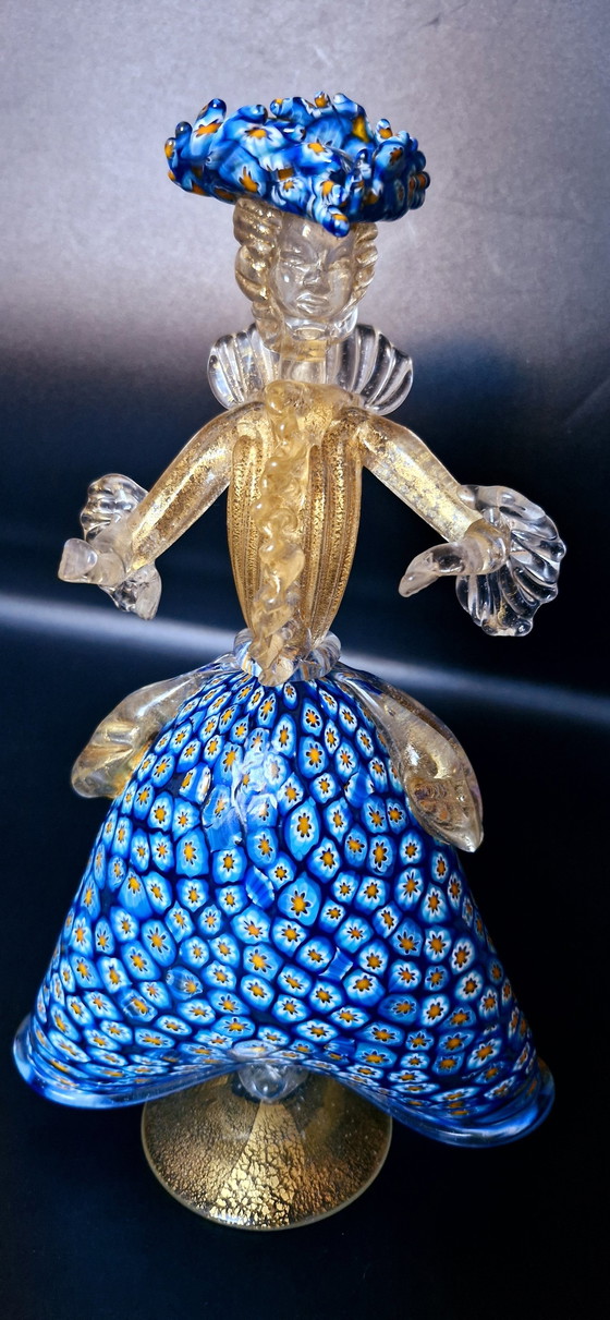 Image 1 of Murano Glass Pair Of Dancers Sculptures Milefiori With Gold Leaves 