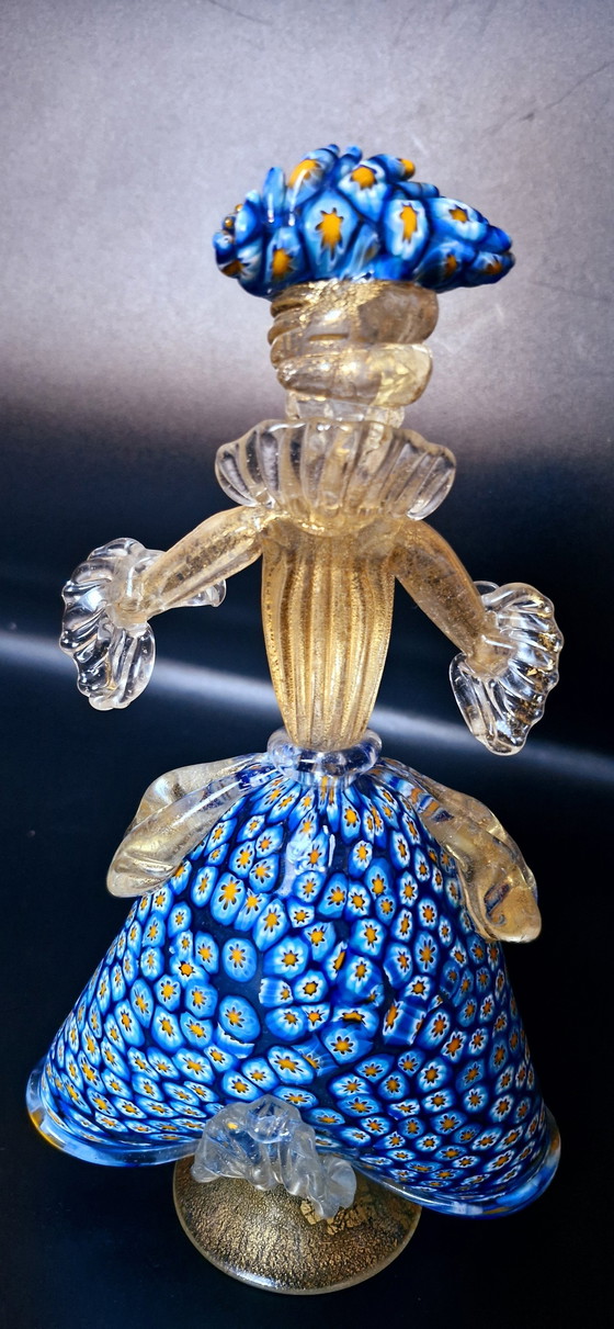 Image 1 of Murano Glass Pair Of Dancers Sculptures Milefiori With Gold Leaves 