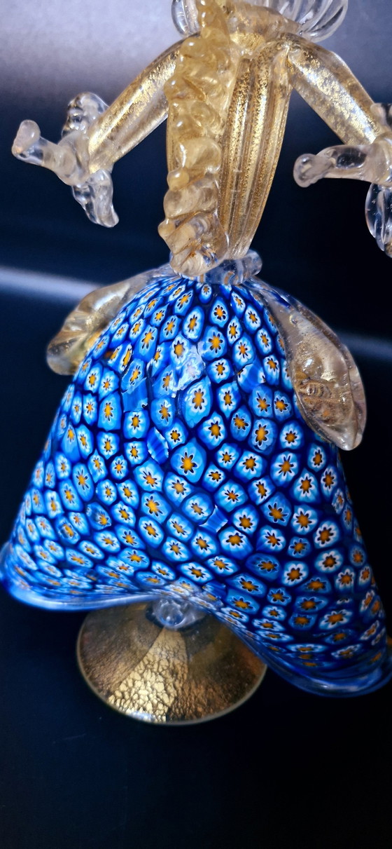 Image 1 of Murano Glass Pair Of Dancers Sculptures Milefiori With Gold Leaves 