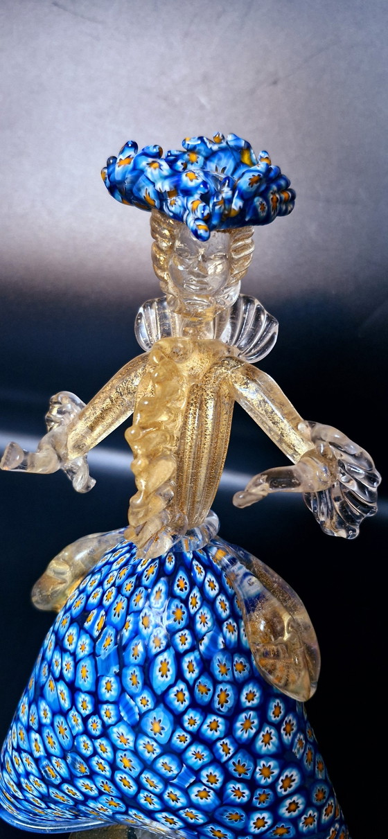 Image 1 of Murano Glass Pair Of Dancers Sculptures Milefiori With Gold Leaves 