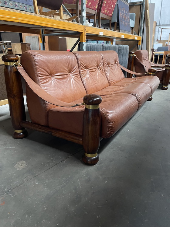 Image 1 of Divano italiano in pelle color cognac, stile moderno di metà secolo, anni '60