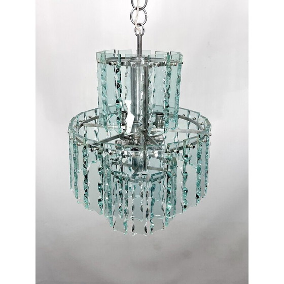 Image 1 of Vintage Italian Fontana Arte glass and brass chandelier for Zero Quattro, 1970s