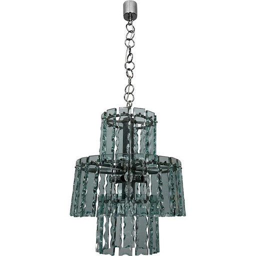 Vintage Italian Fontana Arte glass and brass chandelier for Zero Quattro, 1970s