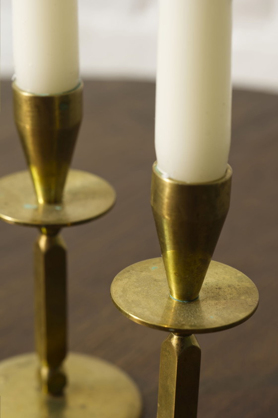 Image 1 of 2x Mid century brass candle sticks, Kara Denmark