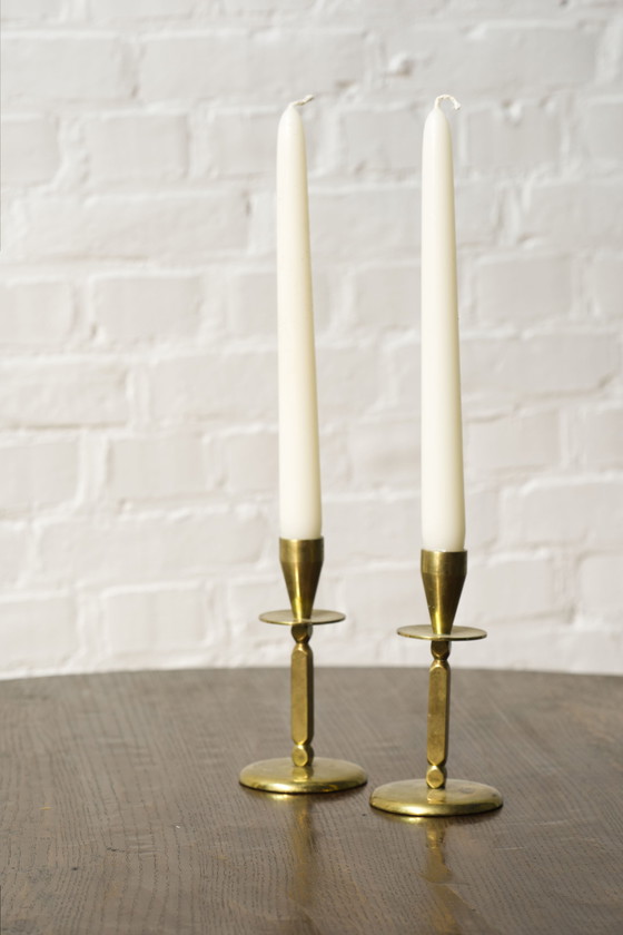 Image 1 of 2x Mid century brass candle sticks, Kara Denmark