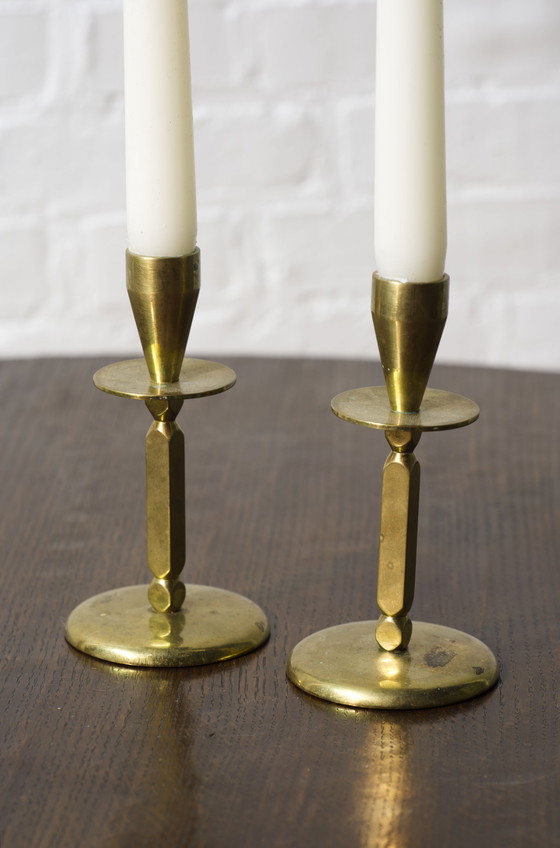 Image 1 of 2x Mid century brass candle sticks, Kara Denmark