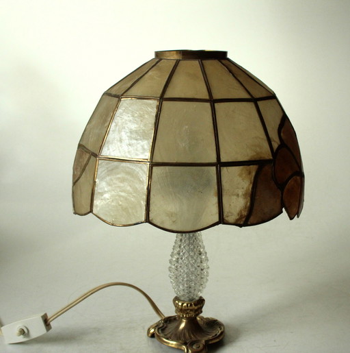 Tiffany style table lamp - glass, metal, mother-of-pearl -