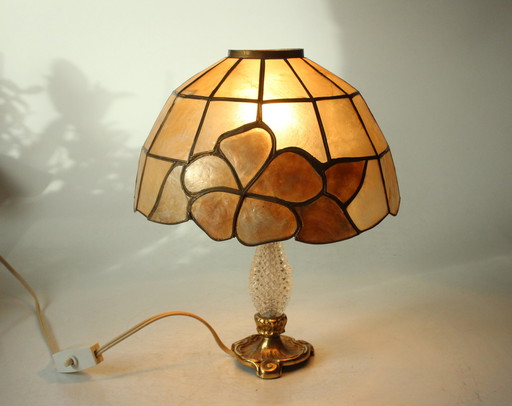 Tiffany style table lamp - glass, metal, mother-of-pearl -