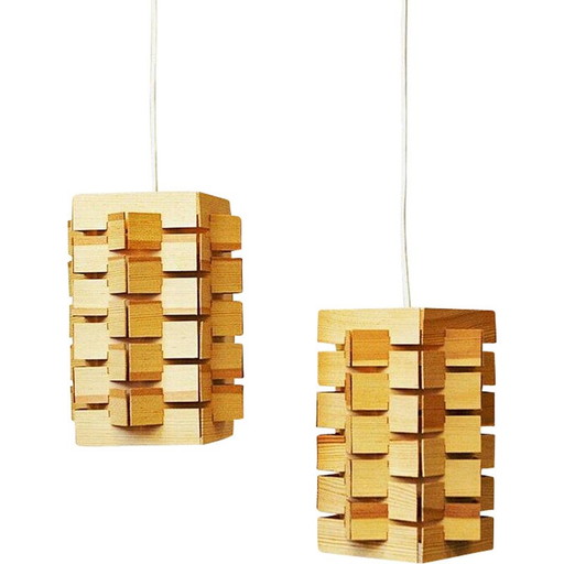 Pair of vintage 7716 pendant lamp in pine by Høvik Lys, Norway 1970