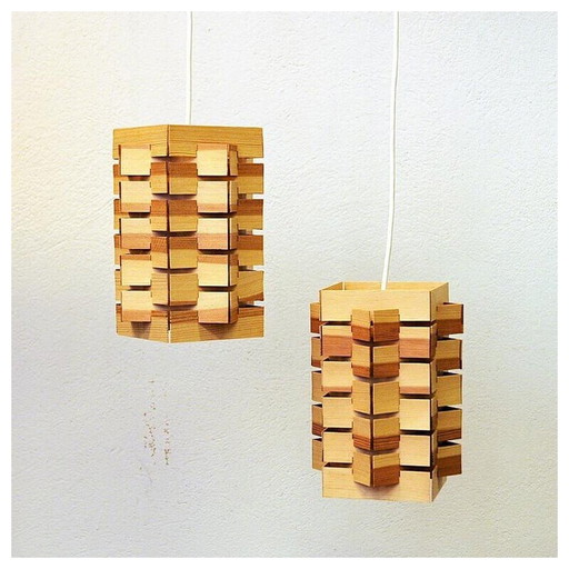 Pair of vintage 7716 pendant lamp in pine by Høvik Lys, Norway 1970