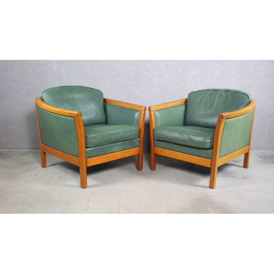 Image 1 of Pair of vintage green leather and solid cherry wood armchairs, Denmark 1970s