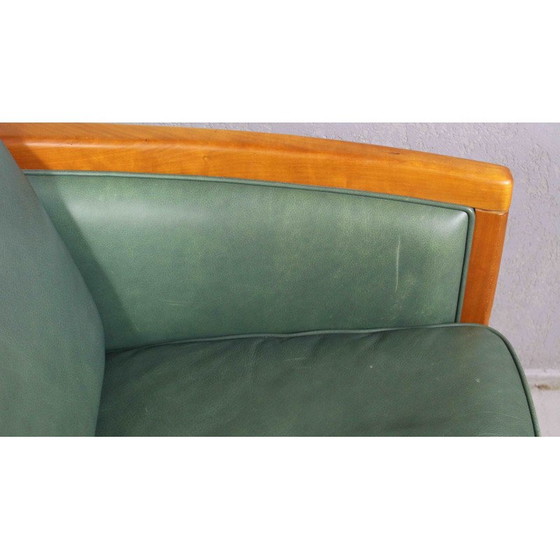 Image 1 of Pair of vintage green leather and solid cherry wood armchairs, Denmark 1970s