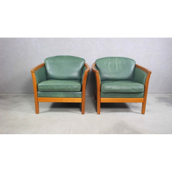 Image 1 of Pair of vintage green leather and solid cherry wood armchairs, Denmark 1970s