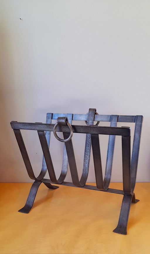 Brutalist Steel Magazine Rack Dlg J.Adnet ,1950.