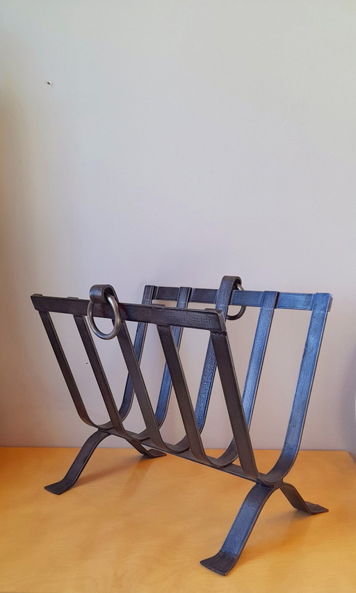 Brutalist Steel Magazine Rack Dlg J.Adnet ,1950.