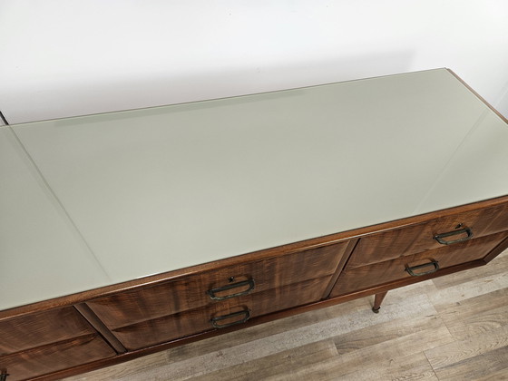 Image 1 of Mid Century 1960S Walnut Sideboard With Six Drawers And Glass Top