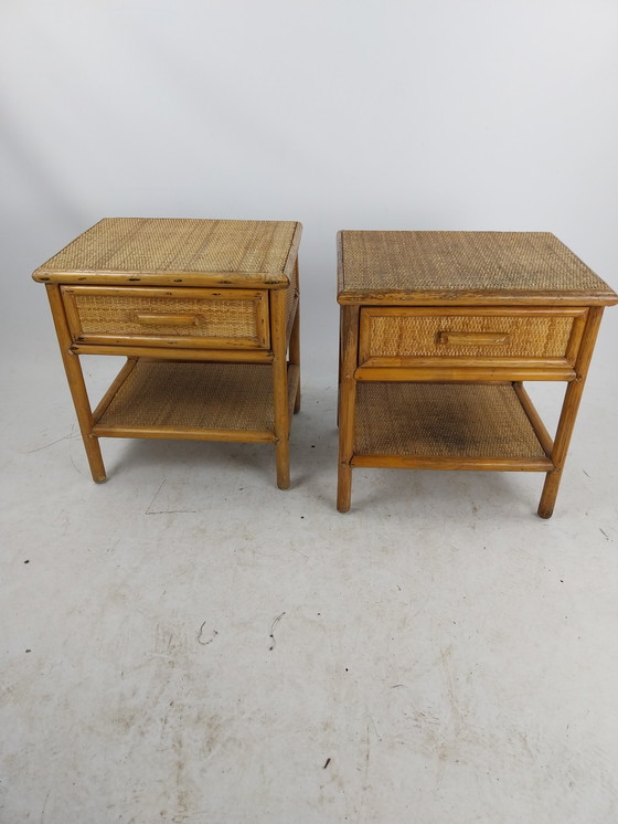 Image 1 of 1 set of Italian rattan/bamboo nightstands. 1970's