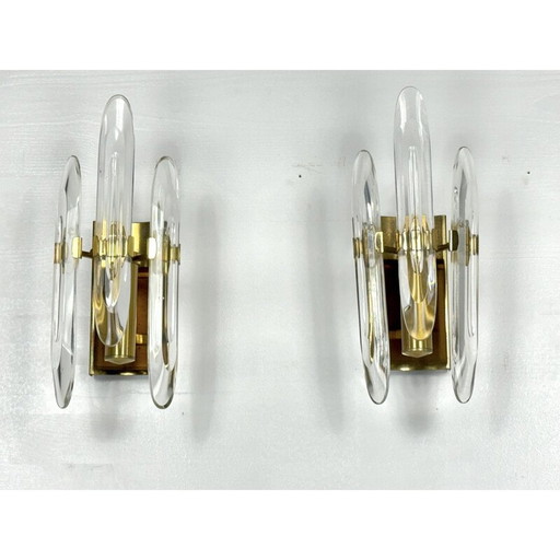 Pair of vintage wall lamps in glass and gilded brass by Sciolari, Italy 1970s