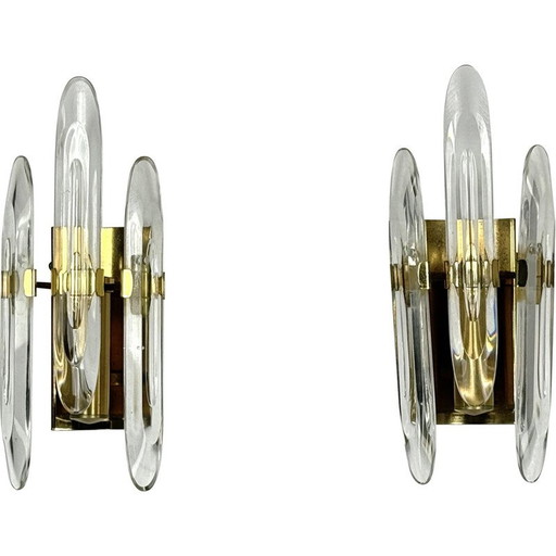 Pair of vintage wall lamps in glass and gilded brass by Sciolari, Italy 1970s