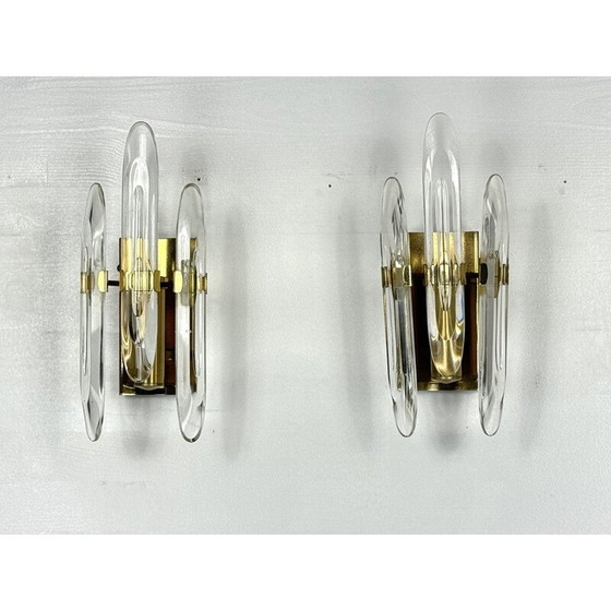 Image 1 of Pair of vintage wall lamps in glass and gilded brass by Sciolari, Italy 1970s