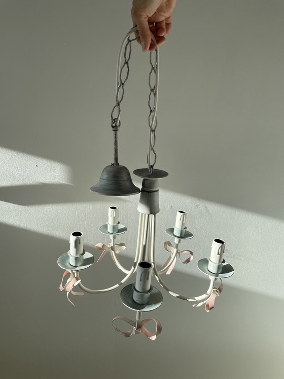 Image 1 of Italian Enameled Tole Chandelier With Ribbon Bow Decoration 1970