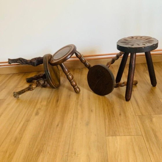 Image 1 of Set of 4 vintage wooden tripod stools