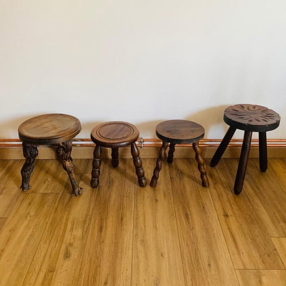 Image 1 of Set of 4 vintage wooden tripod stools