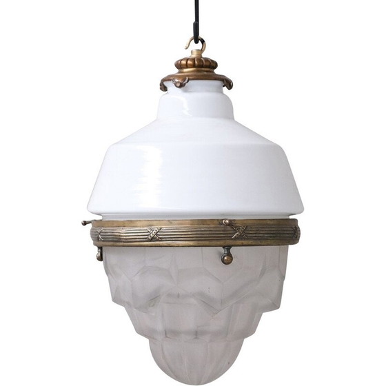 Image 1 of Vintage glass and brass pendant lamp, France 1920