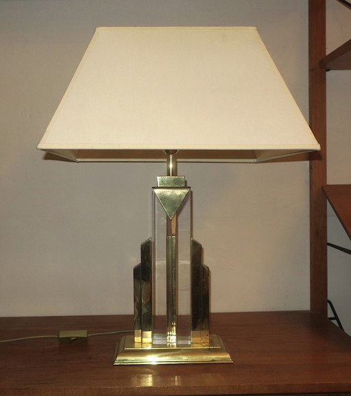 Hollywood Regency Boho Regency Skyscraper Table Lamp In Brass And Lucite, 1970S