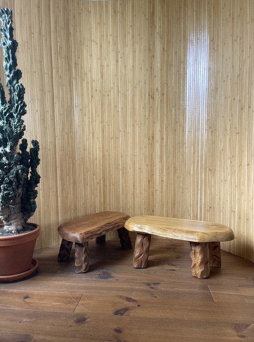 Brutalist Wabi-Sabi Solid Oak Stools / Side Tables