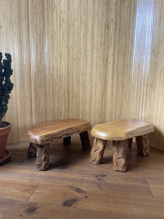 Image 1 of Brutalist Wabi-Sabi Solid Oak Stools / Side Tables