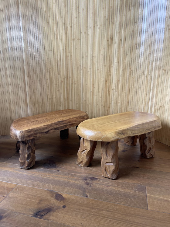 Image 1 of Brutalist Wabi-Sabi Solid Oak Stools / Side Tables