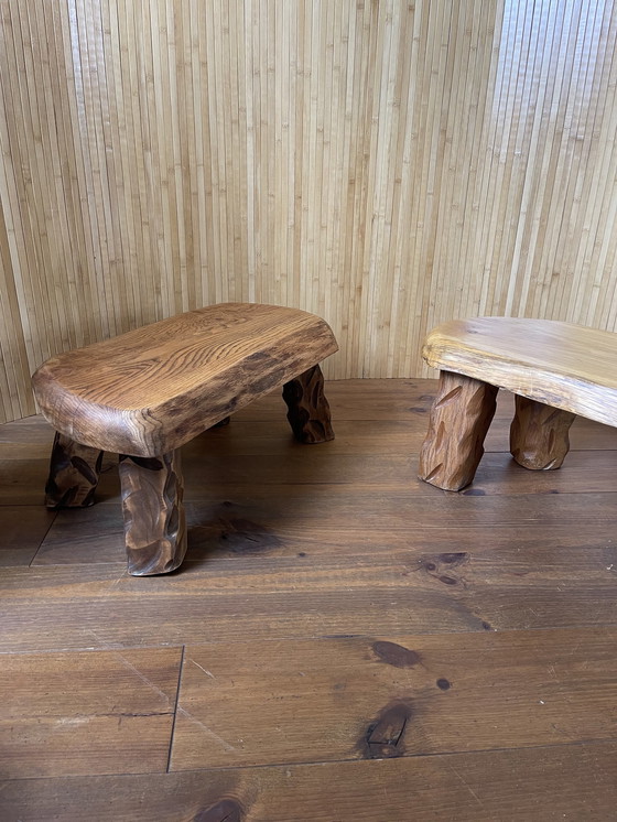 Image 1 of Brutalist Wabi-Sabi Solid Oak Stools / Side Tables