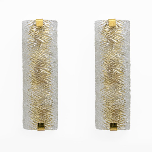 Pair Of Modern Italian Brass And Murano Glass Textured Wall Sconces