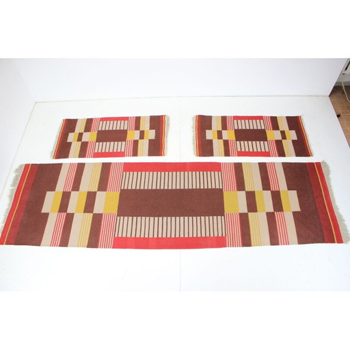 Set of 3 vintage geometric wool rugs by Antonín Kybal, Czechoslovakia 1940