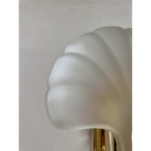 Pair of vintage shell wall lamp in sandblasted glass and brass, France 1970