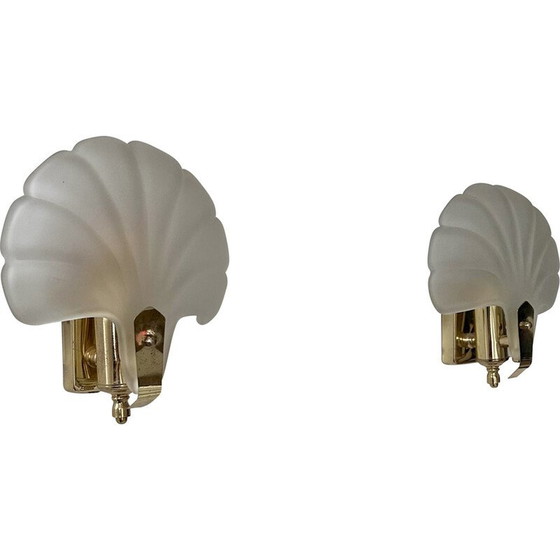 Image 1 of Pair of vintage shell wall lamp in sandblasted glass and brass, France 1970