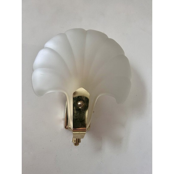 Image 1 of Pair of vintage shell wall lamp in sandblasted glass and brass, France 1970