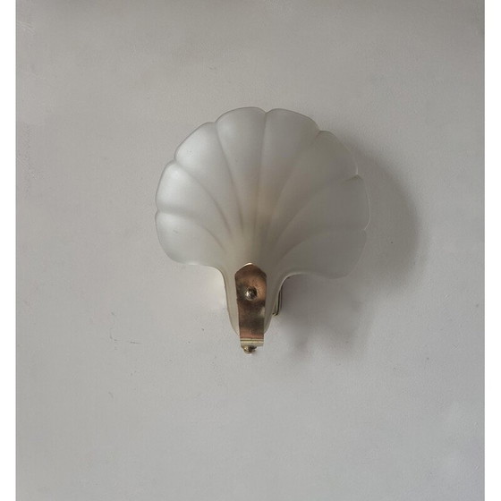 Image 1 of Pair of vintage shell wall lamp in sandblasted glass and brass, France 1970